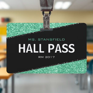 Black & Green Glitzer School Teacher Hall Pass Ausweis