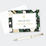 Black Green Gold Floral Watercolor erste Kommune Dankeskarte<br><div class="desc">Die elegante First-Holy-Communion Dankeschön-Karte für ein Mädchen ist mit einem goldenen Kreuz gerahmt,  das durch ein auffallendes Blumenmuster aus neutralen Blume in Weiß und Creme,  Grün und Gold und eine weiche schwarze Hintergrundfarbe gekennzeichnet ist. Personalisieren Sie die benutzerdefinierte Danksagung auf der Innenseite der Karte.</div>