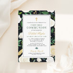 Black Green Gold Floral Watercolor erste Kommune Einladung<br><div class="desc">Diese stilvolle erste heilige Kommunion und Lunch-Einladung für ein Mädchen zeichnet sich durch eine elegante, maßgeschneiderte Formulierung für Ihre besondere Veranstaltung aus, die durch ein goldenes Kreuz und gerahmt durch ein auffallendes Blumenmuster aus neutralen Blume in Weiß und Creme, Grün und Gold sowie eine weiche schwarze Hintergrundfarbe geprägt ist. Auf...</div>