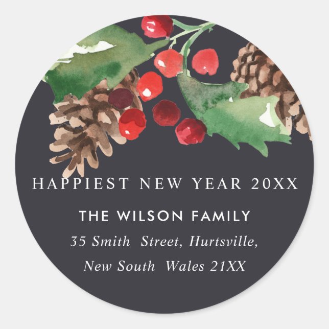 BLACK GREEN HOLLY BERRY PINE CONE NEUJAHRESADRESSE RUNDER AUFKLEBER (Vorderseite)