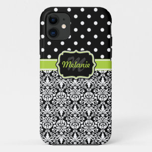 Black Green Mit Monogramm Damask Polka Dots Muster iPhone 11 Hülle