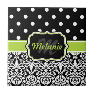 Black Green Mit Monogramm Damask Polka Dots Muster Fliese