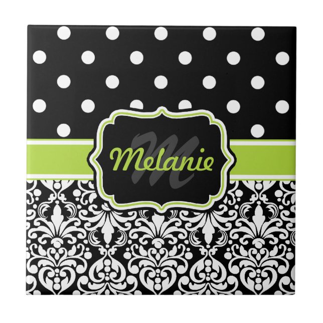 Black Green Mit Monogramm Damask Polka Dots Muster Fliese (Vorderseite)