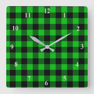 Black & Green Plaid Checked Quadratische Wanduhr