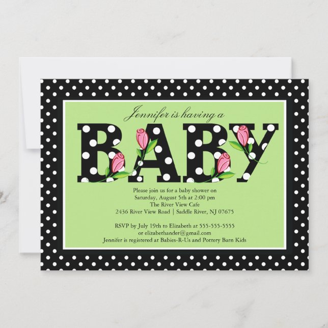 Black Green Polka Dot "baby" Baby Dusche Einladung (Vorderseite)