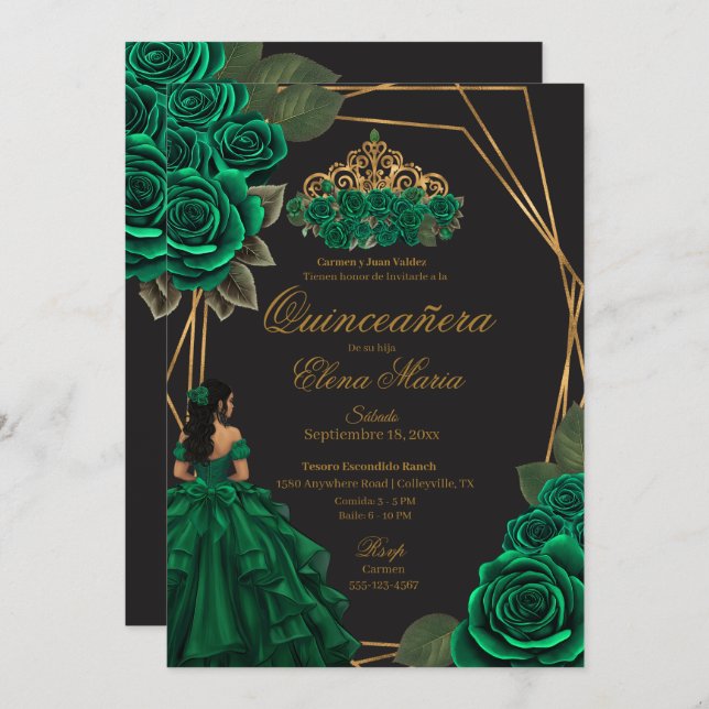 Black Green Rose Goldene Prinzessin Quinceañera Einladung (Vorne/Hinten)