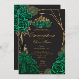 Black Green Rose Goldene Prinzessin Quinceañera Einladung