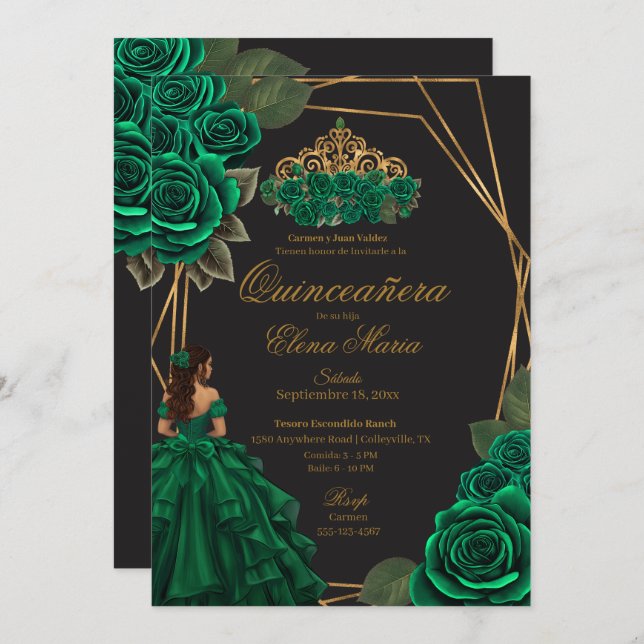 Black Green Rose Goldene Prinzessin Quinceañera Einladung (Vorne/Hinten)