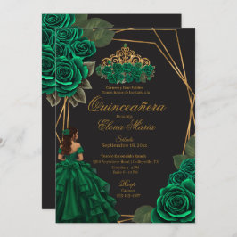 Black Green Rose Goldene Prinzessin Quinceañera Einladung