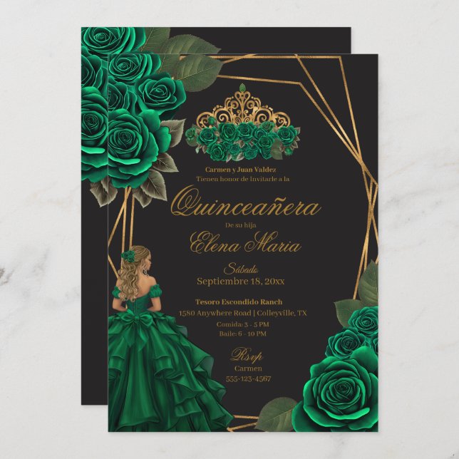 Black Green Rose Goldene Prinzessin Quinceañera Einladung (Vorne/Hinten)