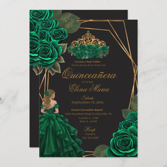 Black Green Rose Goldene Prinzessin Quinceañera Einladung (Vorne/Hinten)