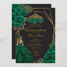 Black Green Rose Goldene Prinzessin Quinceañera Einladung