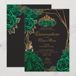 Black Green Rose Goldene Prinzessin Quinceañera Einladung