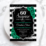 Black Green Silver Überraschung 60. Geburtstag Einladung<br><div class="desc">Überraschung 60. Geburtstagsparty Einladung. Weibliches Schwarz,  Weiß und smaragdgrün Design mit Imitaten Glitzer Silber. Enthält schwarz-weiße Streifen,  Rose,  Skript-Schriftart und Konfetti. Ideal für eine elegante Damenfeier. Kann personalisiert sein,  jedes Alter zu zeigen. Gedruckte Zazzle Einladungen oder Sofortdownload digitalen druckbaren Vorlage.</div>