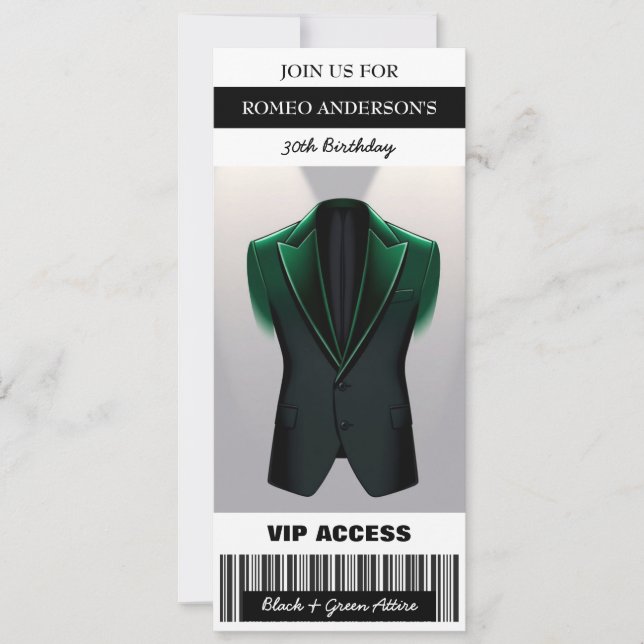 Black Green Tuxedo Birthday Ticket Einladung (Vorderseite)