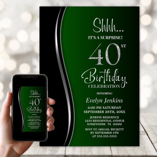 Black Green Überraschung 40. Geburtstag Einladung (Von Creator hochgeladen)
