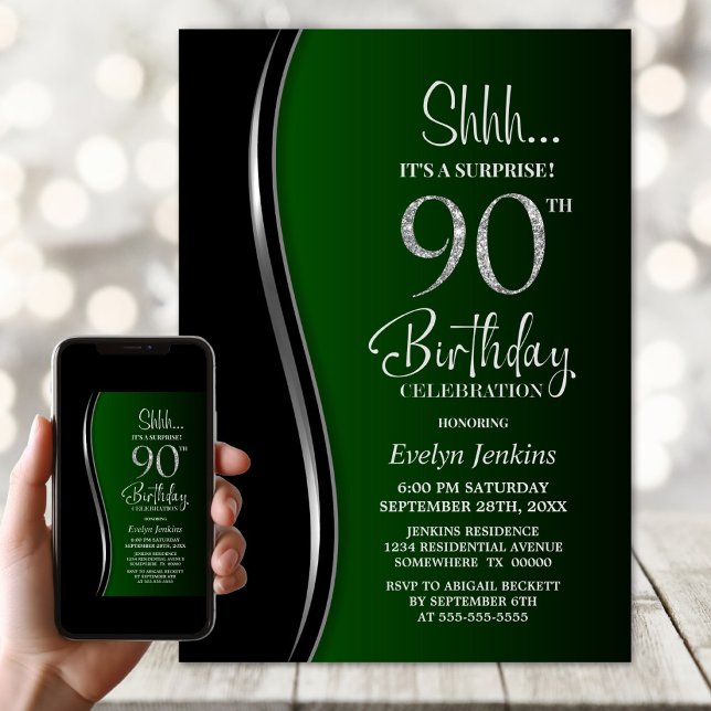 Black Green Überraschung 90. Geburtstag Einladung (Von Creator hochgeladen)