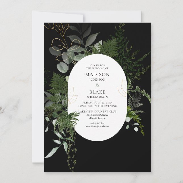 Black Greenery Forest Wedding Einladung (Vorderseite)