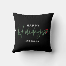 Black Greenery Red Script Happy Holiday Kissen