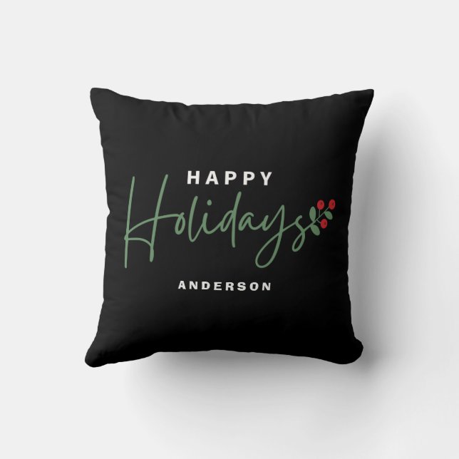 Black Greenery Red Script Happy Holiday Kissen (Rückseite)