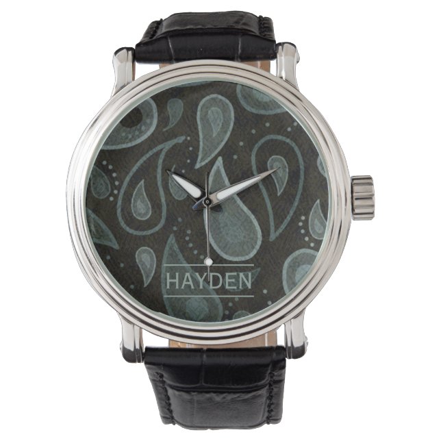 Black Grey Paisley Pattern Elegant Personalised Armbanduhr (Vorderseite)