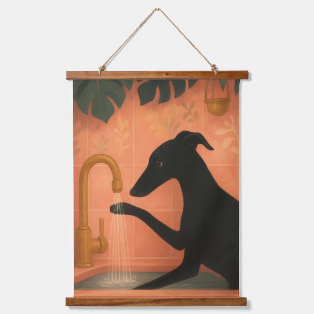 Black Greyhound Washing Paws Wall Art Wandteppich Mit Holzrahmen (Vorderseite)