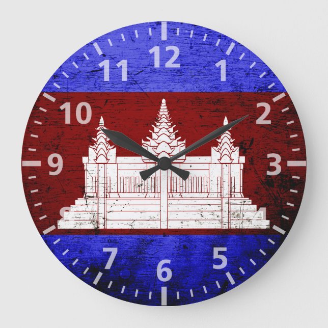 Black Grunge Cambodia Flag Große Wanduhr (Vorderseite)