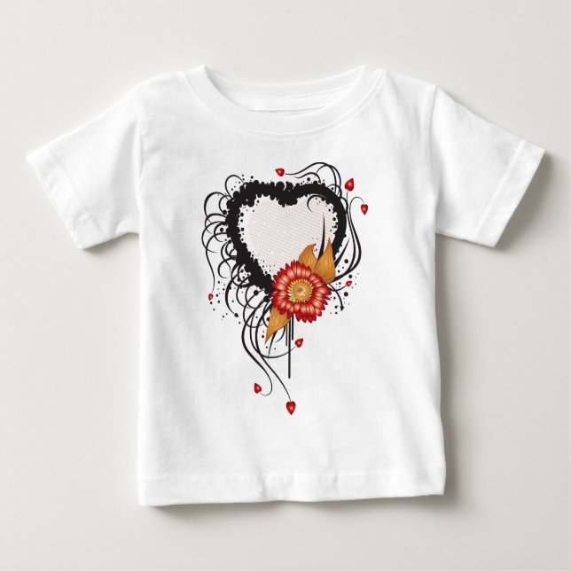 Black Grunge Style Herz und Blume Baby T-shirt (Vorderseite)