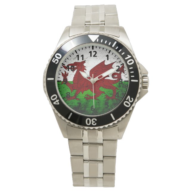 Black Grunge Wales Flag Armbanduhr (Vorderseite)