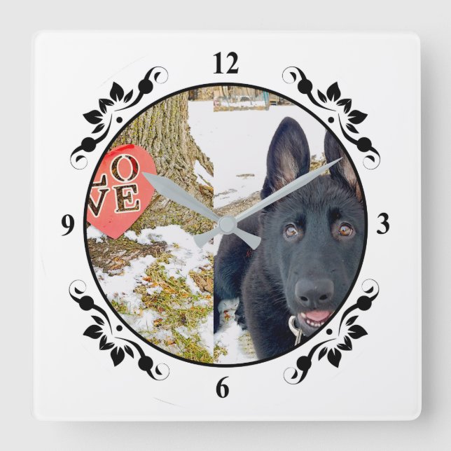 Black GSD Puppy & Love Heart Square Wall Clock Quadratische Wanduhr (Vorderseite)