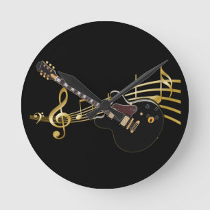 Black Guitar and Music Score Wall Clock Runde Wanduhr