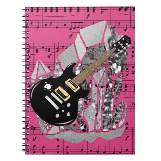 Black Guitar Pink Sheet Music Silver Crystal Notizblock (Vorderseite)