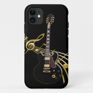 Black Guitar über Golden Music Score iPhone Case