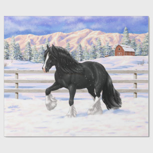 Black Gypsy Vanner Irish Cob Draft Horse in Snow Geschenkpapier