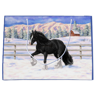 Black Gypsy Vanner Irish Cob Draft Horse in Snow Große Geschenktüte