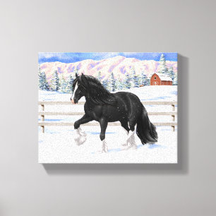 Black Gypsy Vanner Irish Cob Draft Horse in Snow Leinwanddruck