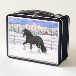 Black Gypsy Vanner Irish Cob Draft Horse in Snow Metall Brotdose