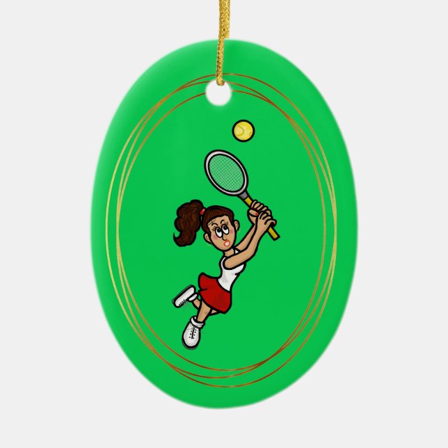 Black Hair Female Tennis Spieler Weihnachtsfeier Keramik Ornament (Vorne)