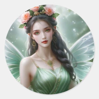 Black Haired Spring Fairy Magical Fantasy Runder Aufkleber
