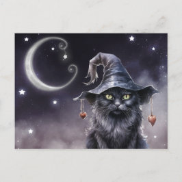 Black Halloween Cat Tragen einer Hexenhut-Postkart Postkarte