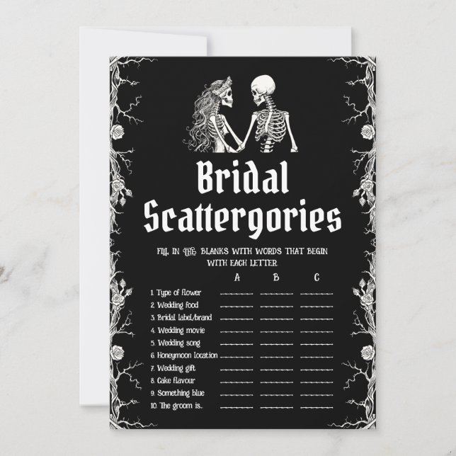 Black Halloween Skeleton Bridal Scattergories Game Einladung (Vorderseite)