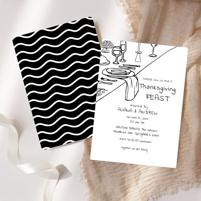 Black Hand Drawing Whimsy Erntedank Dinner Einladung (Von Creator hochgeladen)