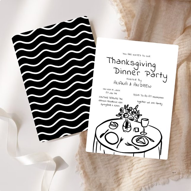 Black Hand Drawing Whimsy Erntedank Dinner Einladung (Von Creator hochgeladen)