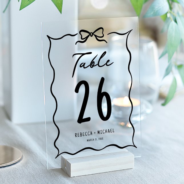 Black Hand Drawn Bow Wedding Acrylic Table Number Acryleinladungen (Von Creator hochgeladen)