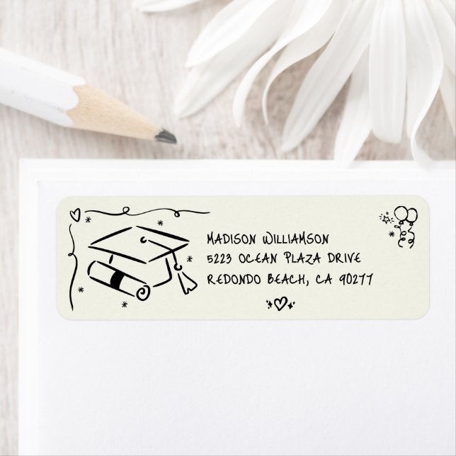 Black Hand Drawn Doodle Graduate Cap Cream Address (Insitu)
