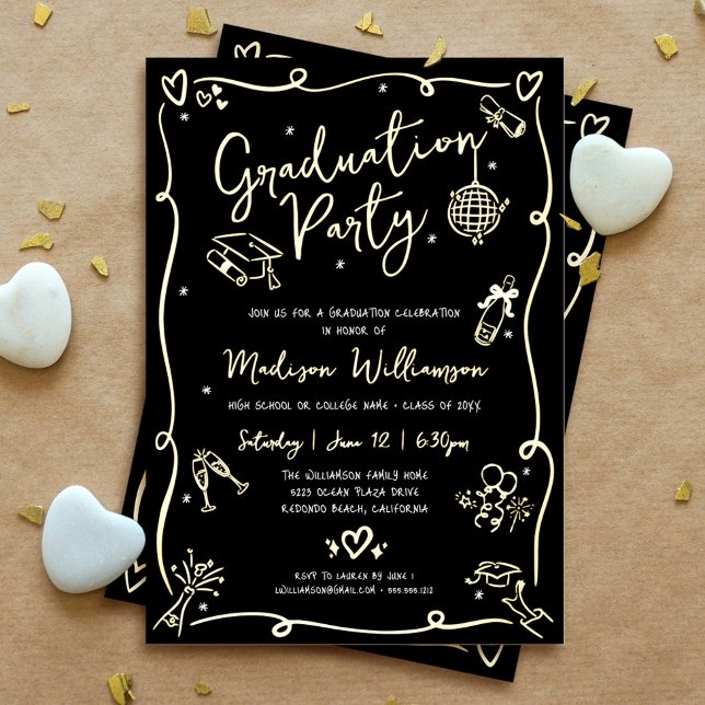 Black Hand Drawn Doodle Graduation Party Real Gold Folieneinladung (Von Creator hochgeladen)