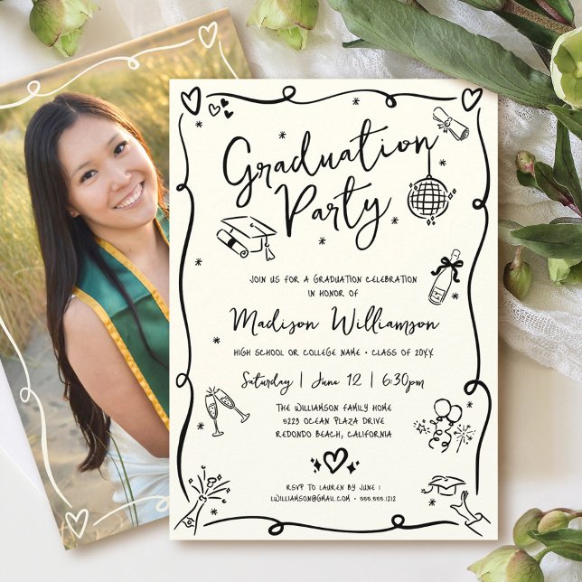 Black Hand Drawn Doodle Photo Graduate Party Cream Einladung (Von Creator hochgeladen)