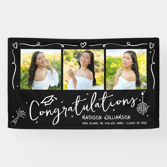 Black Hand Drawn Style Doodles Graduation 3 Photo Banner (Horizontal)
