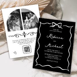 Black Hand Drawn White Bow QR Code Photo Wedding Einladung