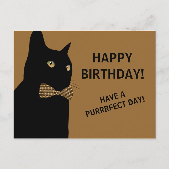 Black Happy Birthday Cat mit einer braunen Krawatt Postkarte (Vorderseite)